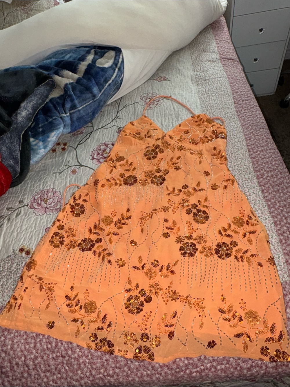 Orange Floral Sequin Slip Dress - Women